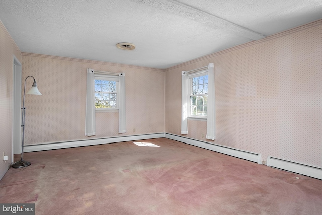 carpeted empty room featuring a healthy amount of sunlight, wallpapered walls, and a textured ceiling