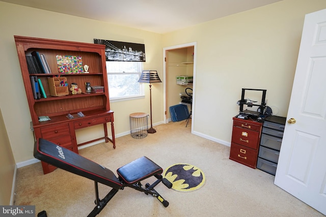 exercise room featuring carpet and baseboards