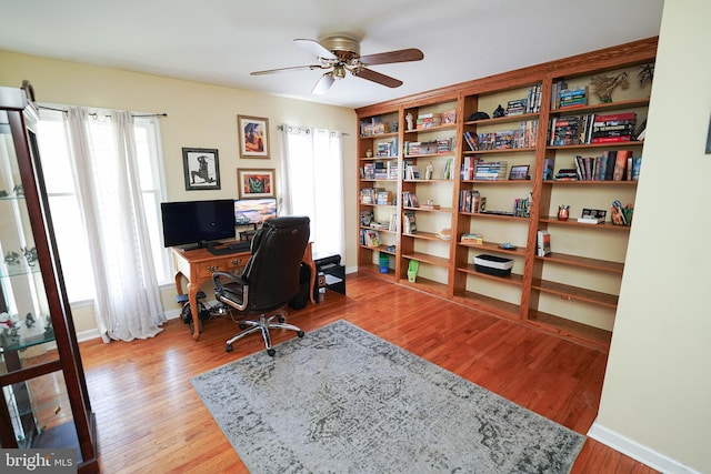 office space with ceiling fan, baseboards, and wood finished floors