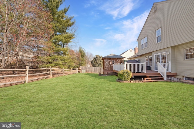 view of yard featuring a fenced backyard and a wooden deck