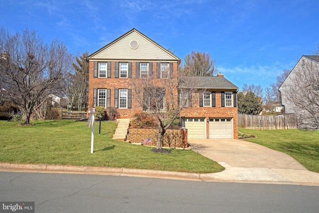 view of front of house with brick siding, a front lawn, fence, concrete driveway, and an attached garage