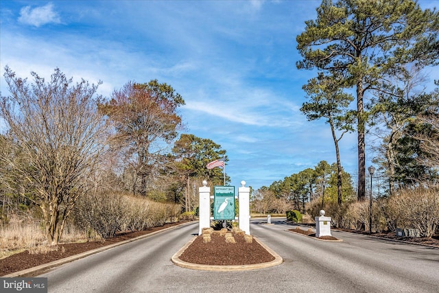 view of road featuring a gated entry and curbs