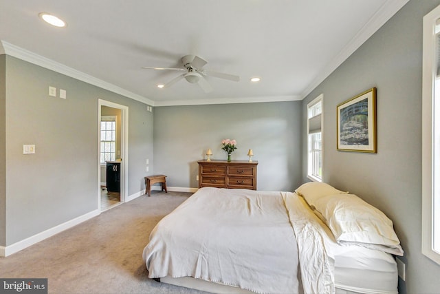 bedroom with crown molding, recessed lighting, carpet flooring, and baseboards