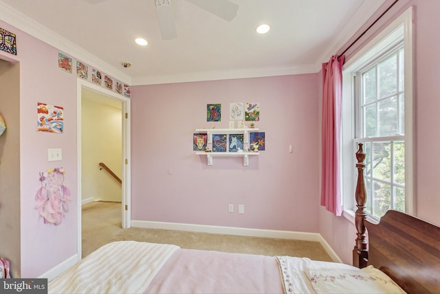 bedroom with baseboards, a ceiling fan, ornamental molding, carpet floors, and recessed lighting