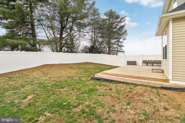 view of yard featuring a fenced backyard and a deck