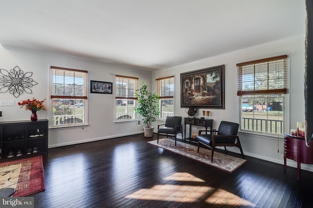 sitting room featuring ornamental molding, wood-type flooring, and baseboards