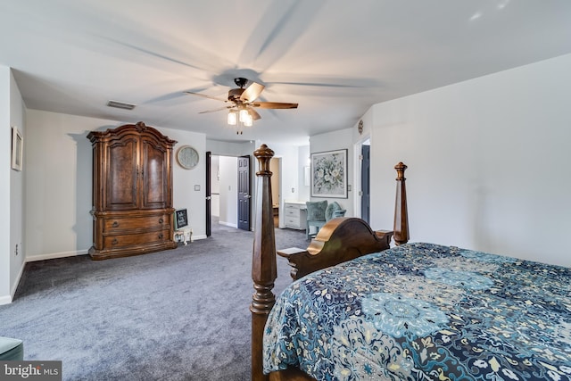 bedroom with baseboards, visible vents, ceiling fan, and carpet flooring