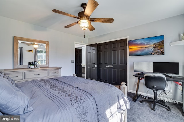 bedroom featuring a closet, carpet flooring, ceiling fan, and baseboards