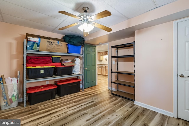 storage room featuring ceiling fan