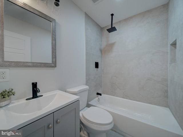 full bathroom with a combined bath / shower with rainfall shower, vanity, and toilet