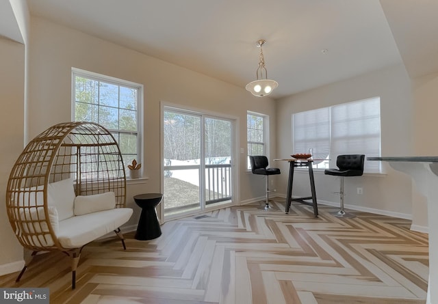 living area featuring plenty of natural light and baseboards