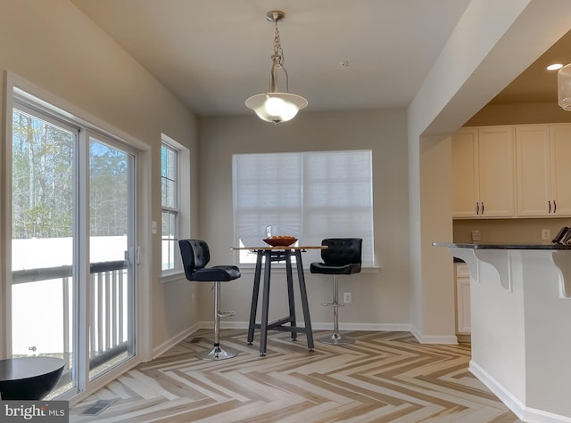 dining space featuring visible vents and baseboards