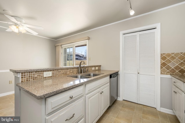 kitchen featuring a sink, decorative backsplash, a peninsula, white cabinetry, and stainless steel dishwasher