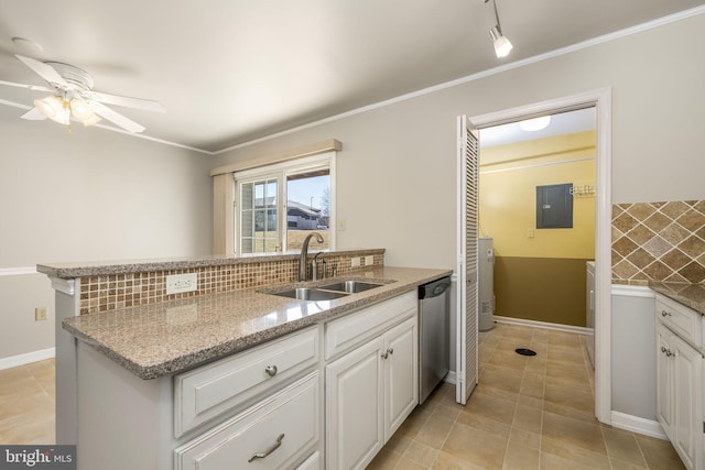 kitchen featuring tasteful backsplash, a sink, electric panel, white cabinetry, and stainless steel dishwasher