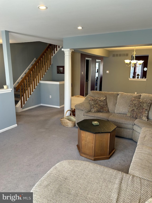 living area with baseboards, visible vents, carpet, stairs, and recessed lighting