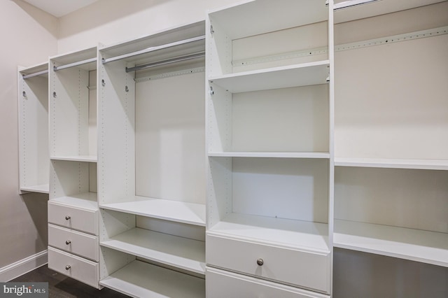 spacious closet with dark wood-style floors