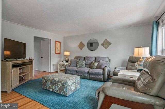 living area with wood finished floors and ornamental molding