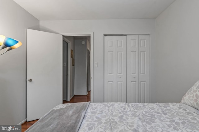 bedroom with wood finished floors and a closet