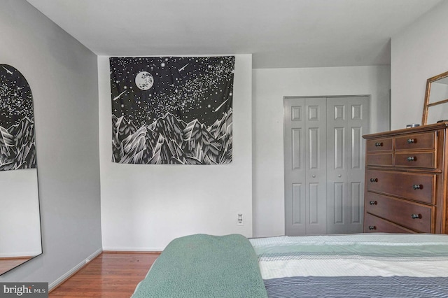 bedroom featuring wood finished floors, a closet, and baseboards
