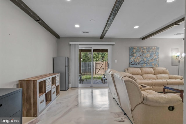 living room with visible vents, recessed lighting, and beamed ceiling
