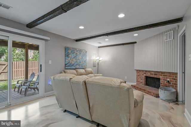 living room featuring beamed ceiling, visible vents, baseboards, recessed lighting, and a brick fireplace