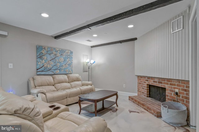 carpeted living room with beamed ceiling, recessed lighting, a brick fireplace, visible vents, and baseboards
