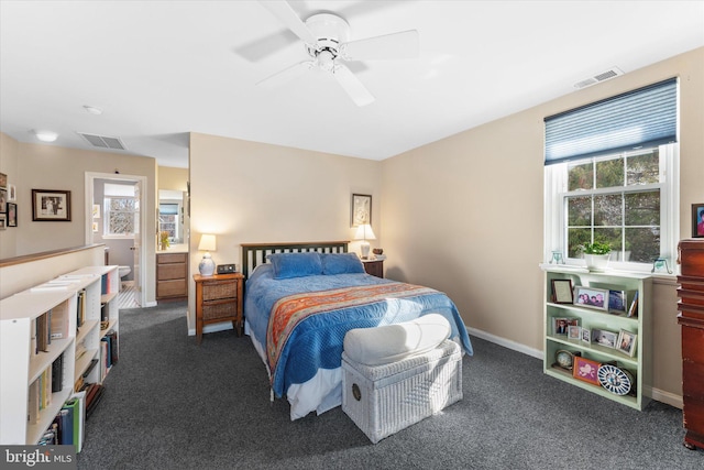 carpeted bedroom with visible vents, ceiling fan, and baseboards