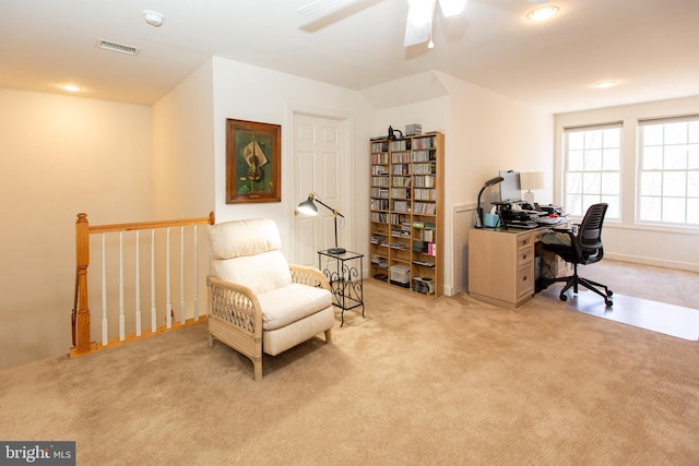 home office with recessed lighting, light colored carpet, visible vents, and ceiling fan