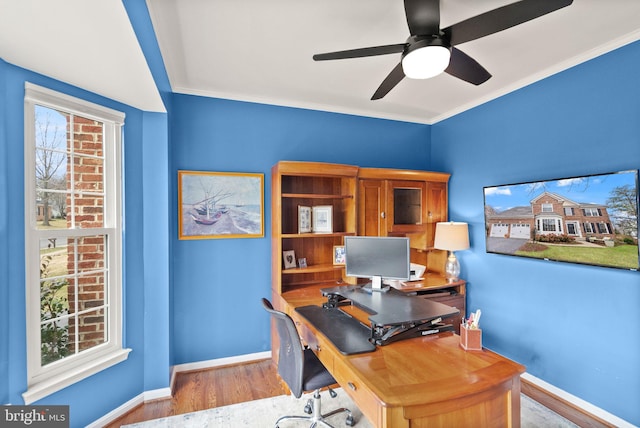 office area featuring ornamental molding, a ceiling fan, baseboards, and wood finished floors