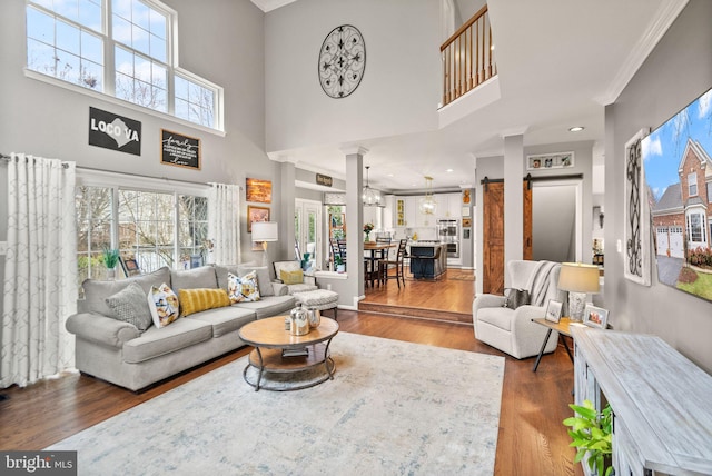 living area with ornamental molding, a wealth of natural light, dark wood-style flooring, and a barn door