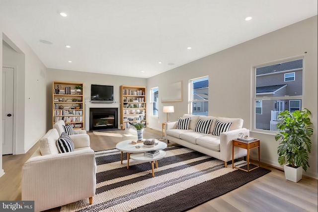 305 Poplar Ave, Newark, DE 19711 - living area with recessed lighting, light wood-style flooring, built in features, and a glass covered fireplace