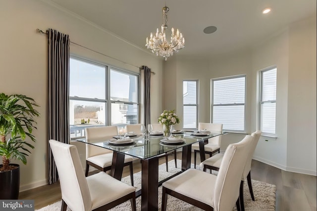 305 Poplar Ave, Newark, DE 19711 - dining room with a notable chandelier, recessed lighting, dark wood-type flooring, ornamental molding, and baseboards