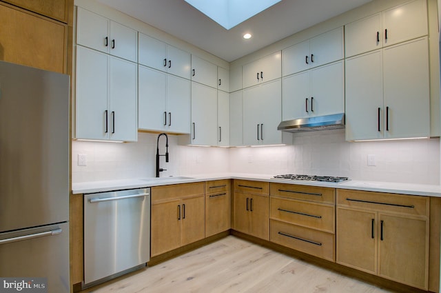 kitchen with a skylight, tasteful backsplash, appliances with stainless steel finishes, a sink, and under cabinet range hood