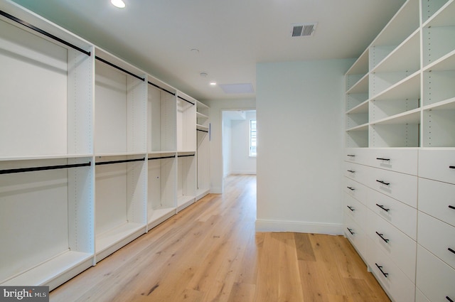 spacious closet featuring light wood finished floors and visible vents