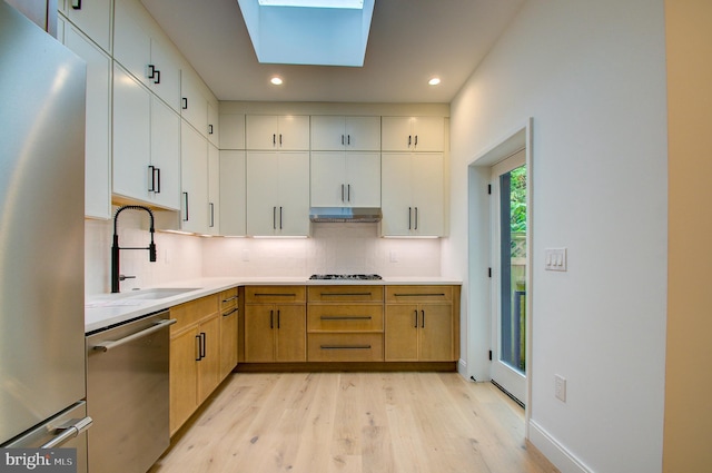 kitchen with a skylight, appliances with stainless steel finishes, backsplash, under cabinet range hood, and a sink