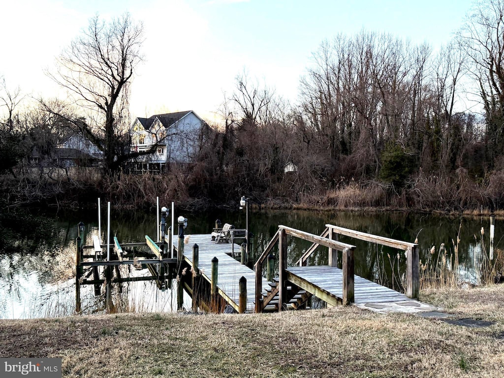 dock area featuring a water view and boat lift