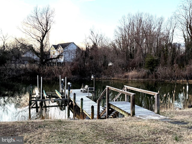 dock area featuring a water view and boat lift