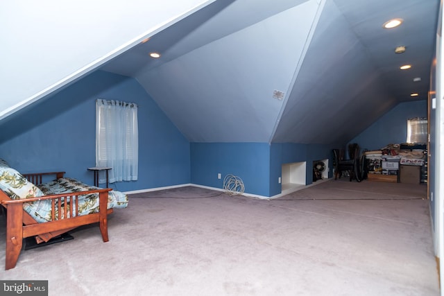 bonus room featuring carpet, baseboards, vaulted ceiling, and recessed lighting