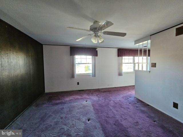 unfurnished room with carpet floors, a wealth of natural light, and ceiling fan