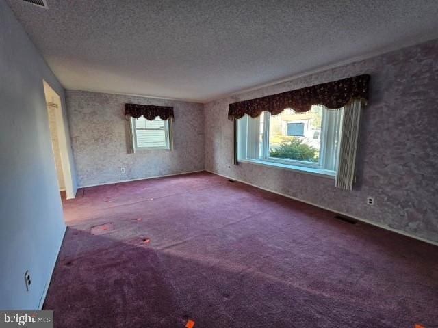 spare room with a textured ceiling and carpet