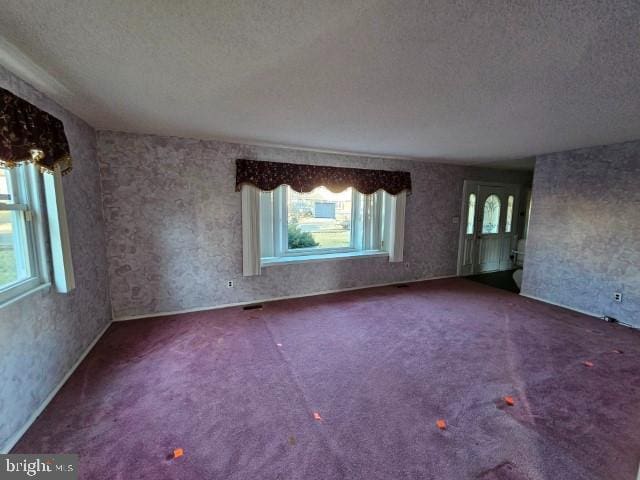 empty room with carpet flooring and a textured ceiling