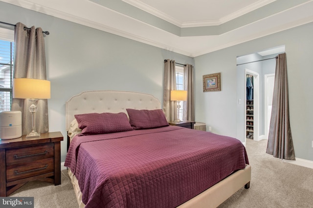 bedroom featuring light carpet, baseboards, a spacious closet, ornamental molding, and a raised ceiling