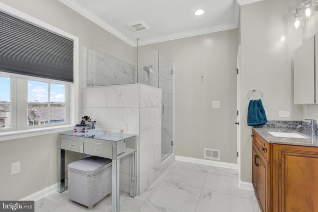 full bath with marble finish floor, a shower stall, visible vents, and ornamental molding