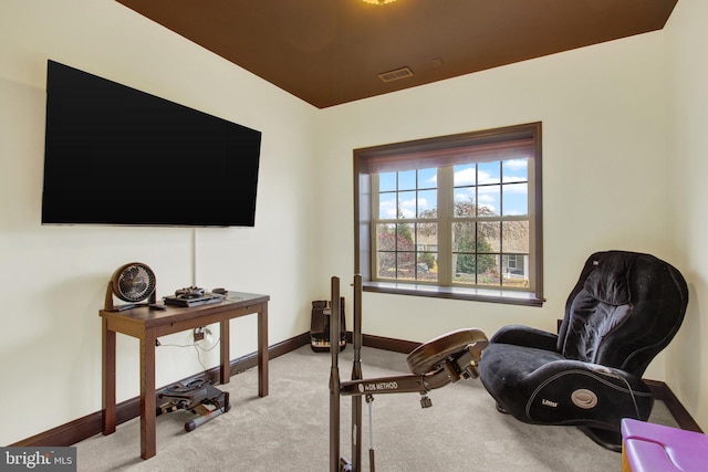 home office featuring carpet, visible vents, and baseboards