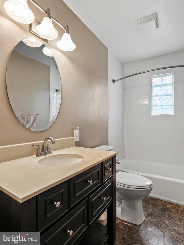 full bathroom featuring toilet, shower / bathtub combination, visible vents, and vanity