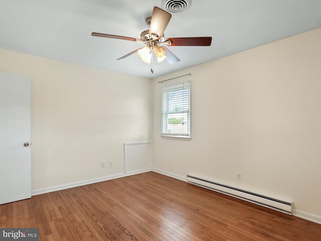 unfurnished room with a baseboard heating unit, visible vents, ceiling fan, and hardwood / wood-style floors