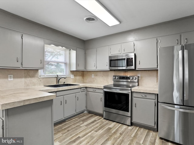 kitchen with visible vents, decorative backsplash, gray cabinets, stainless steel appliances, and a sink