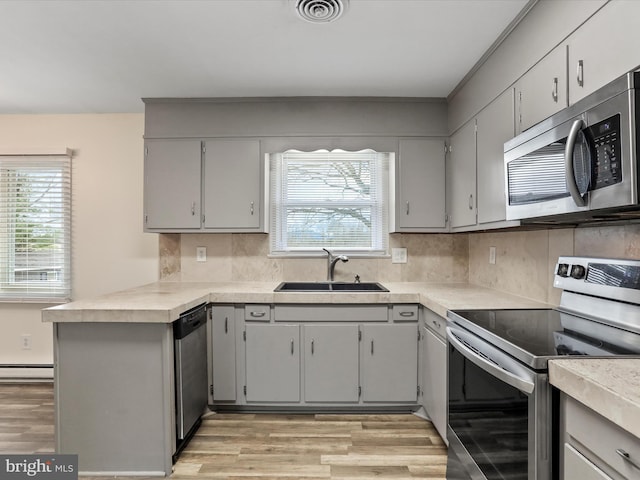 kitchen with stainless steel appliances, a baseboard heating unit, a sink, plenty of natural light, and a peninsula