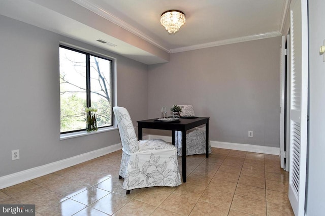 interior space with crown molding, light tile patterned floors, baseboards, and visible vents