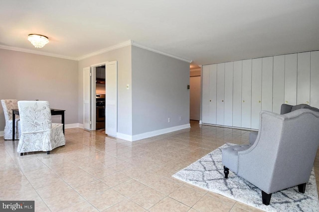 living area with light tile patterned floors, baseboards, and crown molding